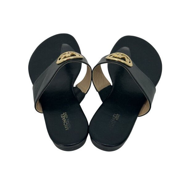 Michael Kors Women Black Leather Thong Sandals W/ Gold Logo Size 9.5M - Picture 4 of 11